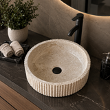 Travertine Vessel Sink | Handmade Round Fluted Natural Stone Bathroom Sink