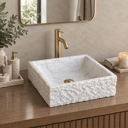 Lavabo Vessel de Mármol Blanco – Lavabo de Baño de Piedra Natural Cuadrado Hecho a Mano, Palangana de Tocador Moderna de Lujo