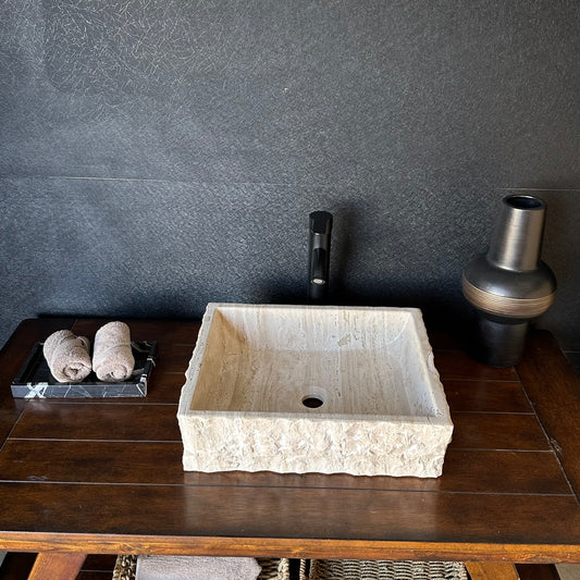 Rustic Rectangular Travertine Sink | Wabi Sabi | Handmade