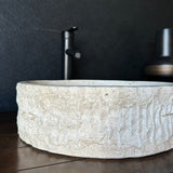 Round Handcrafted Travertine Vessel Sink – Natural Stone Bathroom Basin, Luxury Rustic Modern Vanity Sink