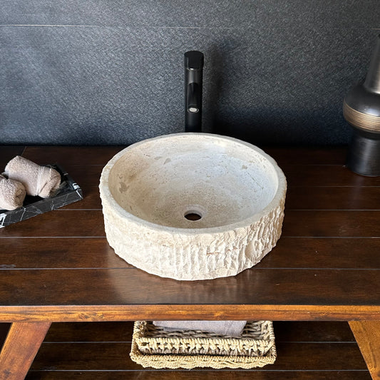 Lavabo Vessel de Travertino Redondo Hecho a Mano – Palangana de Baño de Piedra Natural, Lavabo de Tocador Rústico Moderno de Lujo