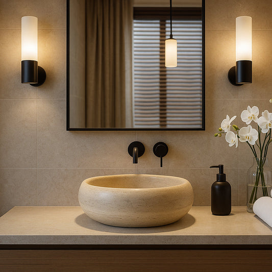 Bathroom vanity with a sink, mirror, and decorative elements.