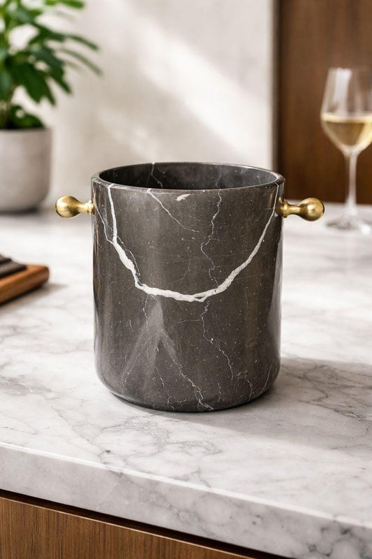 Black Marble Wine Cooler with Handles | Natural Stone Champagne Bucket | Luxury Modern Bar & Table Decor | Handmade Decor