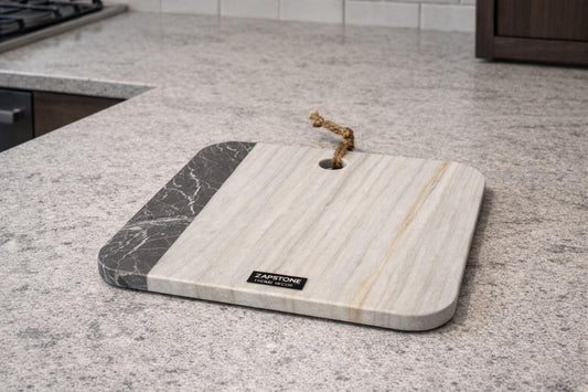Tabla de Cortar de Mármol Blanco y Negro Hecha a Mano | Tabla de Servir de Piedra Natural 10 x 10 in | Acabado Mate