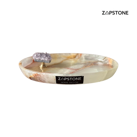 Platito de Ónix Verde para Anillos con Perilla de Amatista 6.7" × 4.3" | Portallaves, Portamonedas, Platito Ovalado de Lujo | Ónix Hecho a Mano