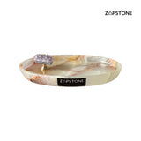 Green Onyx Ring Dish with Amethyst Knob 6.7” L × 4.3" W | Key Holder, Coin Holder, Luxury Oval Trinket Dish | Handmade Onyx Decor