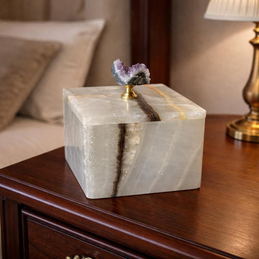 Caja de Joyería de Ónix Verde con Amatista – Caja de Piedra Hecha a Mano – Almacenamiento de Lujo con Cristal – Regalo Único