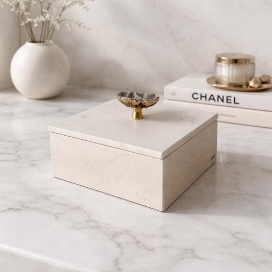 Caja de Joyería de Mármol Beige con Asa Dorada, Caja de Almacenamiento de Mármol de Lujo, Caja Minimalista de Piedra, Regalo Elegante