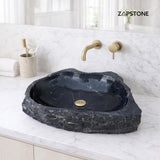 Rustic Marble Bathroom Sink | Luxury Vessel Sink | Unique Hand Carved Black Marble Basin – Natural Stone