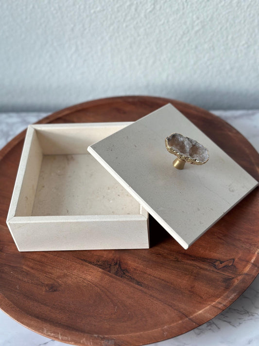 Caja de Joyería de Mármol Beige con Asa Dorada, Caja de Almacenamiento de Mármol de Lujo, Caja Minimalista de Piedra, Regalo Elegante