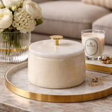 White Onyx Storage Jar with Lid, Luxury Marble Vanity Container, Gold Knob Jewelry Box, Elegant Bathroom Decor, Coffee Table Accent
