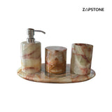Set de Baño de Ónix Verde – 5 Piezas de Lujo Hechas a Mano: Dispensador de Jabón, Bandeja, Portacepillos, Portacotonetes, Jabonera