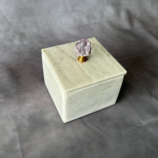 Caja de Joyería de Mármol Blanco con Perilla de Amatista – Caja Cuadrada de Piedra con Tapa, Almacenamiento de Lujo, Regalo Elegante
