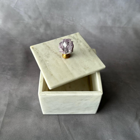 Caja de Joyería de Mármol Blanco con Perilla de Amatista – Caja Cuadrada de Piedra con Tapa, Almacenamiento de Lujo, Regalo Elegante