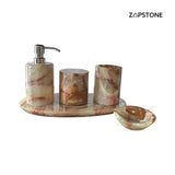 Set de Baño de Ónix Verde – 5 Piezas de Lujo Hechas a Mano: Dispensador de Jabón, Bandeja, Portacepillos, Portacotonetes, Jabonera