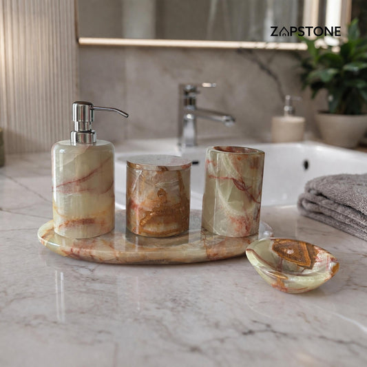 Set de Baño de Ónix Verde – 5 Piezas de Lujo Hechas a Mano: Dispensador de Jabón, Bandeja, Portacepillos, Portacotonetes, Jabonera