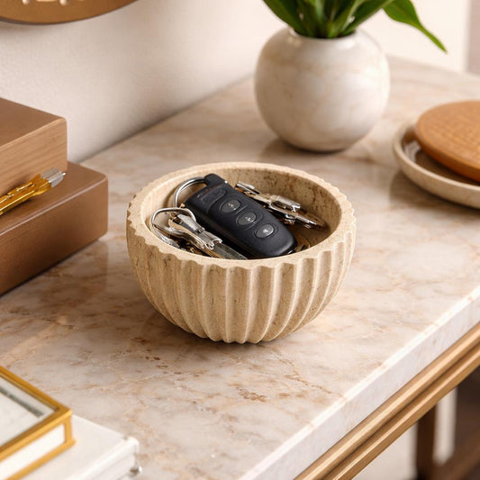 Tazón Catchall de Travertino, Tazón de Llaves de Lujo para la Entrada, Platito para Joyas de Mármol Natural, Decoración Hecha a Mano