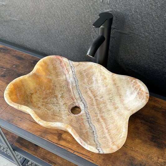 Lavabo de Ónix Miel, Hecho a Mano de Piedra Natural, Lavabo de Lujo para Baño, Lavabo Escultural Único, Decoración Moderna