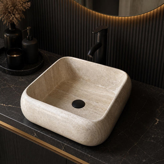 Lavabo Cuadrado de Travertino | Lavabo de Piedra Natural Hecho a Mano | Lavabo Moderno para Baño | Lavabo Beige de Lujo