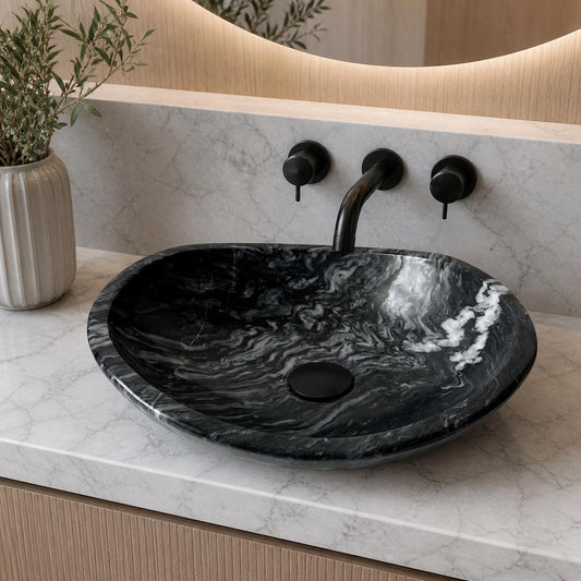 Lavabo de Mármol Hecho a Mano | Lavabo Ovalado de Piedra 15.7" x 12.6" | Lavabo de Mármol Natural | Lavabo Moderno de Lujo