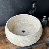 Set de Lavabos Redondos de Travertino, Par de Lavabos a Juego de Piedra Natural, Lavabo Moderno de Lujo, Lavabo de Piedra Único