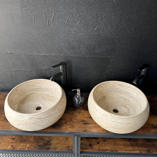 Set de Lavabos Redondos de Travertino, Par de Lavabos a Juego de Piedra Natural, Lavabo Moderno de Lujo, Lavabo de Piedra Único