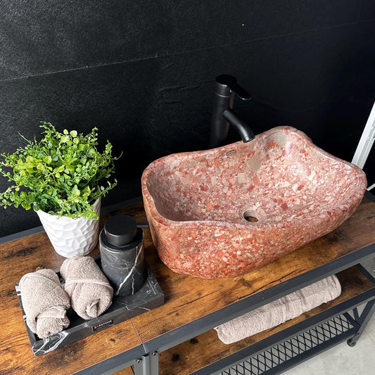 Lavabo de Piedra de Río Rojo, Lavabo de Piedra Natural Hecho a Mano, Lavabo de Lujo, Lavabo Rústico Moderno, Decoración Única (Pieza III)