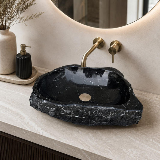 Lavabo Rústico de Mármol | Lavabo de Lujo | Lavabo Único de Mármol Negro Tallado a Mano – Piedra Natural