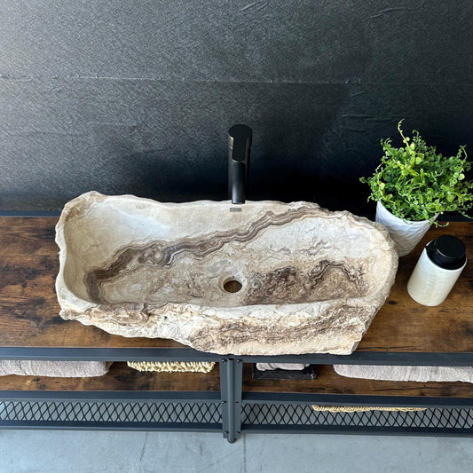 Lavabo de Ónix Beige | Lavabo de Piedra Natural | Wabi Sabi Moderno | Lavabo Rústico de Lujo