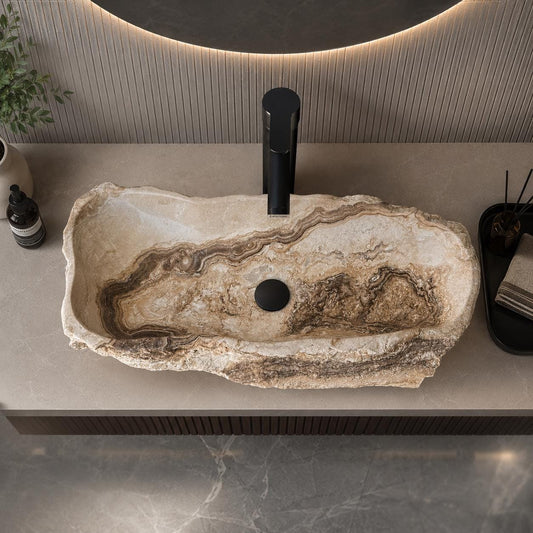 Lavabo de Ónix Beige | Lavabo de Piedra Natural | Wabi Sabi Moderno | Lavabo Rústico de Lujo