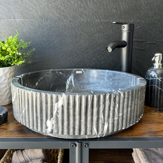 Lavabo de Mármol Negro, Lavabo de Piedra Natural, Lavabo Redondo de Lujo, Lavabo Artesanal, Decoración Moderna de Baño