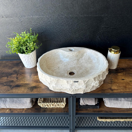 Lavabo de Piedra de Travertino Hecho a Mano | Lavabo de Roca Natural | Lavabo Rústico Moderno | Lavabo de Piedra Único | Wabi Sabi