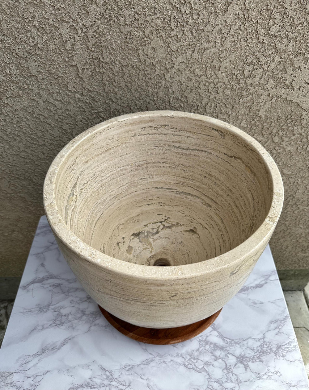 XL Beige Travertine Vessel Sink – Natural Stone Round Bathroom Sink – Luxury Spa Style Countertop Basin – Modern Organic Marble Vanity Sink
