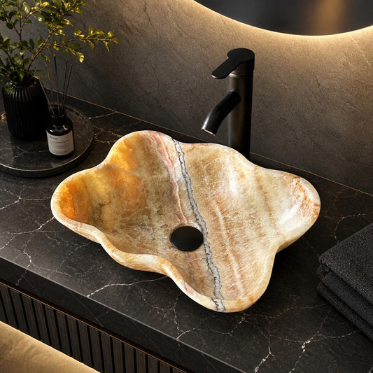 Lavabo de Ónix Miel, Hecho a Mano de Piedra Natural, Lavabo de Lujo para Baño, Lavabo Escultural Único, Decoración Moderna