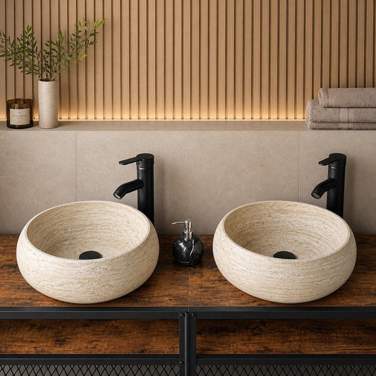 Set de Lavabos Redondos de Travertino, Par de Lavabos a Juego de Piedra Natural, Lavabo Moderno de Lujo, Lavabo de Piedra Único