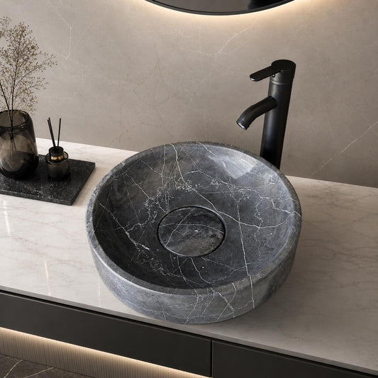 Lavabo de Mármol Negro, Lavabo de Piedra Natural Hecho a Mano, Lavabo Moderno para Baño, Lavabo Redondo de Mármol de Lujo