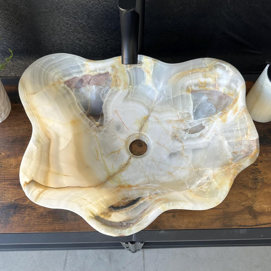 Lavabo de Ónix de Lujo, Lavabo de Piedra Natural Hecho a Mano, Lavabo Moderno para Baño, Lavabo Escultural, Borde Ondulado Translúcido