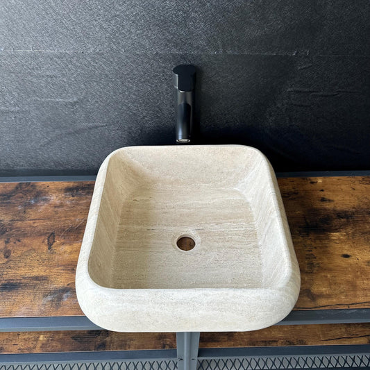 Lavabo Cuadrado de Travertino | Lavabo de Piedra Natural Hecho a Mano | Lavabo Moderno para Baño | Lavabo Beige de Lujo