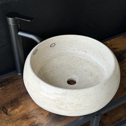Lavabo Redondo de Travertino, Lavabo de Piedra Natural Hecho a Mano, Lavabo Moderno de Lujo, Lavabo Artesanal Único