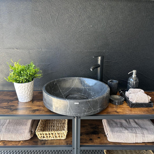 Lavabo de Mármol Negro, Lavabo de Piedra Natural Hecho a Mano, Lavabo Moderno para Baño, Lavabo Redondo de Mármol de Lujo