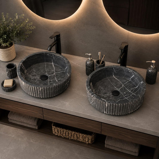 Black Marble Vessel Sink, Master Bath Set of Two Natural Stone Bathroom Sink, Round Luxury Double Vanity Basin, Handcrafted Wash Basin