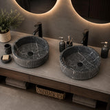 Lavabo de Mármol Negro, Set de Dos para Baño Principal, Lavabo de Piedra Natural, Lavabo Doble Redondo de Lujo, Lavabo Artesanal