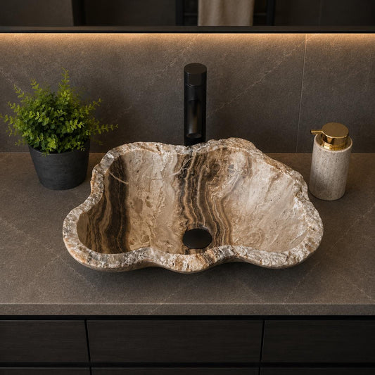 Lavabo Rústico de Ónix | Lavabo de Piedra Beige | Lavabo de Baño | Lavabo de Piedra Natural Hecho a Mano | Lavabo de Lujo