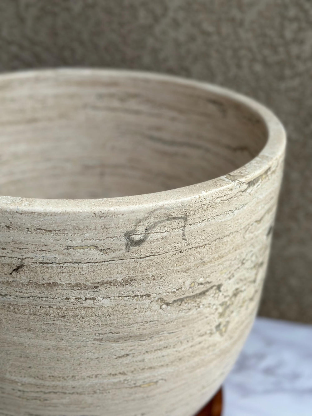 XL Beige Travertine Vessel Sink – Natural Stone Round Bathroom Sink – Luxury Spa Style Countertop Basin – Modern Organic Marble Vanity Sink