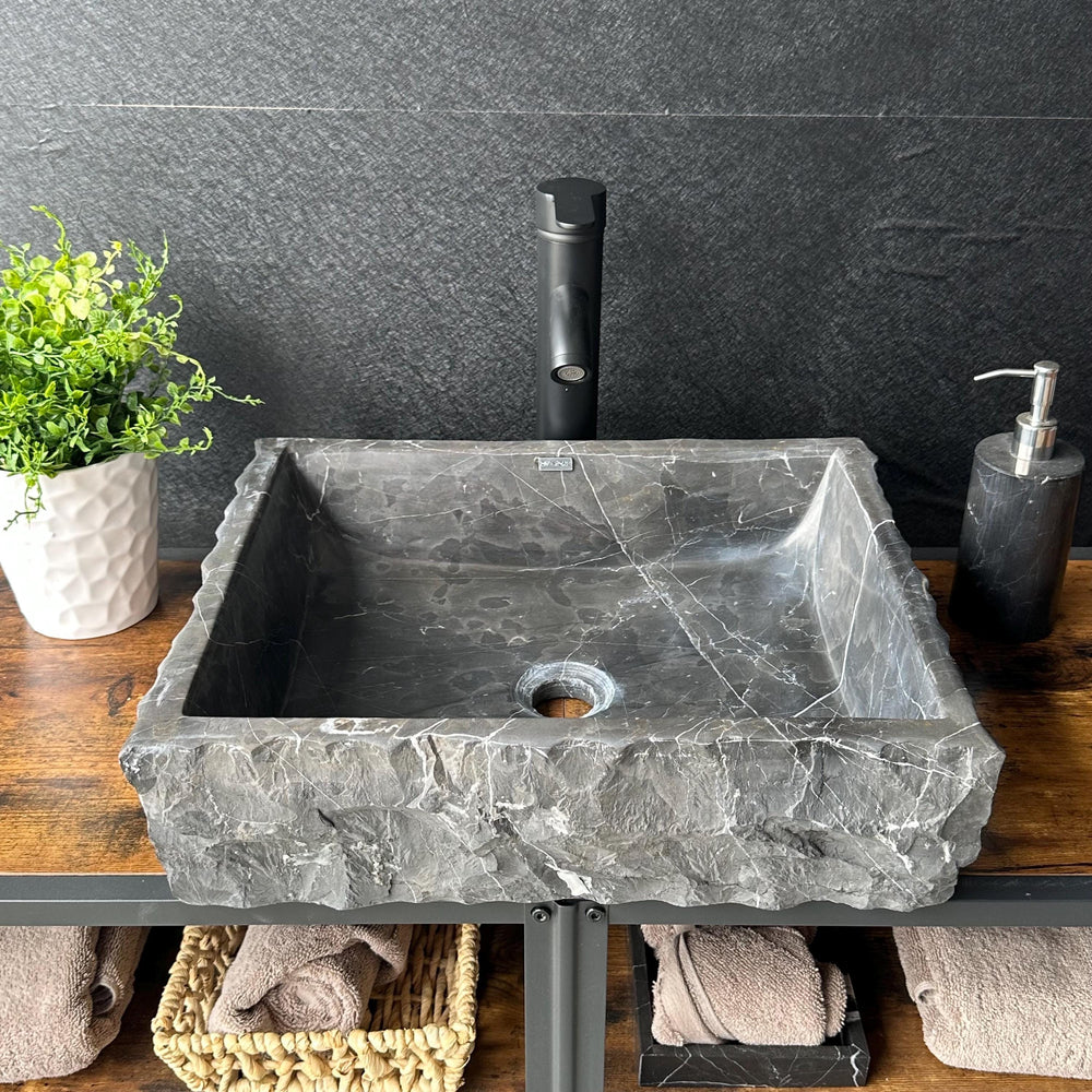 Black Rustic Marble Vessel Sink | Rectangular Handcrafted Natural Stone Bathroom Sink | Luxury Modern Marble Bowl Basin