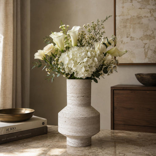Florero de Travertino – Florero de Piedra de Lujo, Decoración Moderna Wabi Sabi, Acento Minimalista Neutro, Pieza Central Reversible