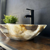 Lavabo de Ónix de Lujo, Lavabo de Piedra Natural Hecho a Mano, Lavabo Moderno para Baño, Lavabo Escultural, Borde Ondulado Translúcido