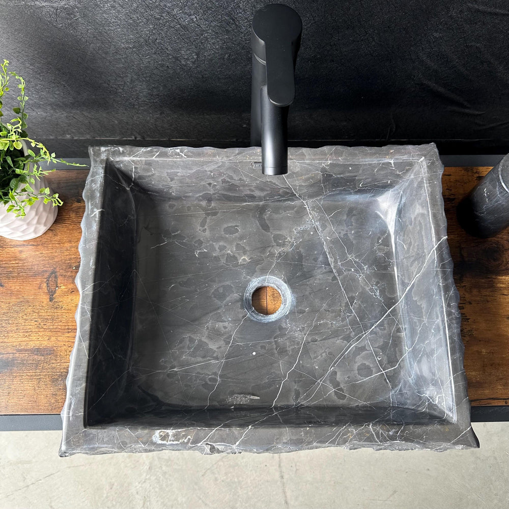 Black Rustic Marble Vessel Sink | Rectangular Handcrafted Natural Stone Bathroom Sink | Luxury Modern Marble Bowl Basin