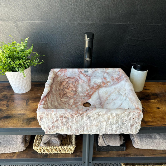 Lavabo Rústico Cuadrado | Lavabo de Baño de Piedra Natural Rosa y Blanca | Lavabo Artesanal para Tocador | Lujo