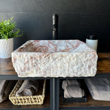 Rustic Squared Vessel Sink | Pink & White Natural Stone Bathroom Sink | Handmade Vanity Sink | Luxury